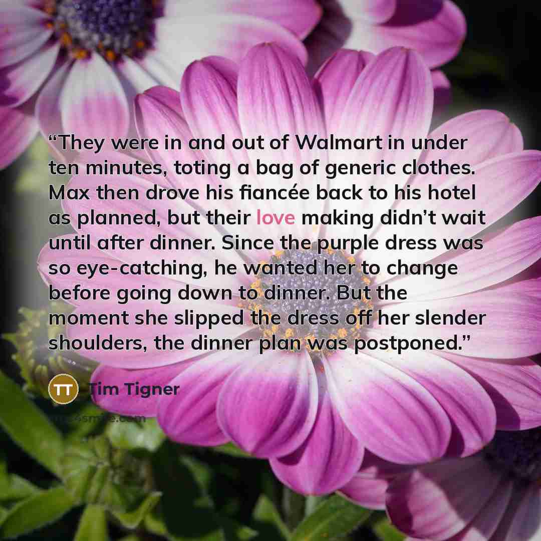 “They were in and out of Walmart in under ten minutes, toting a bag of generic clothes. Max then drove his fiancée back to his hotel as planned, but their love making didn’t wait until after dinner. Since the purple dress was so eye-catching, he wanted her to change before going down to dinner. But…” quote by Tim Tigner