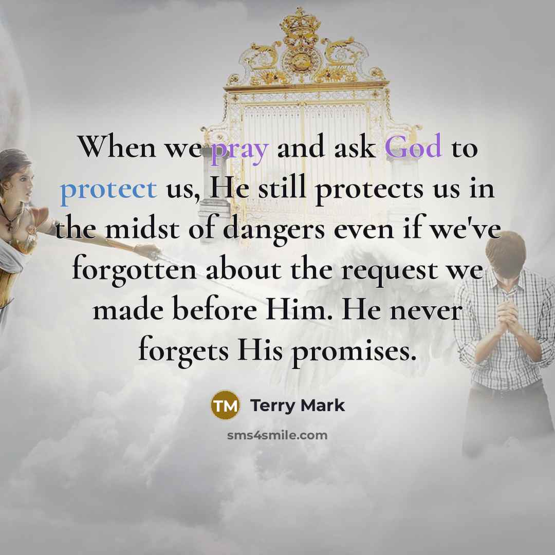 “When we pray and ask God to protect us, He still protects us in the midst of dangers even if we've forgotten about the request we made before Him. He never forgets His promises.” quote by Terry Mark