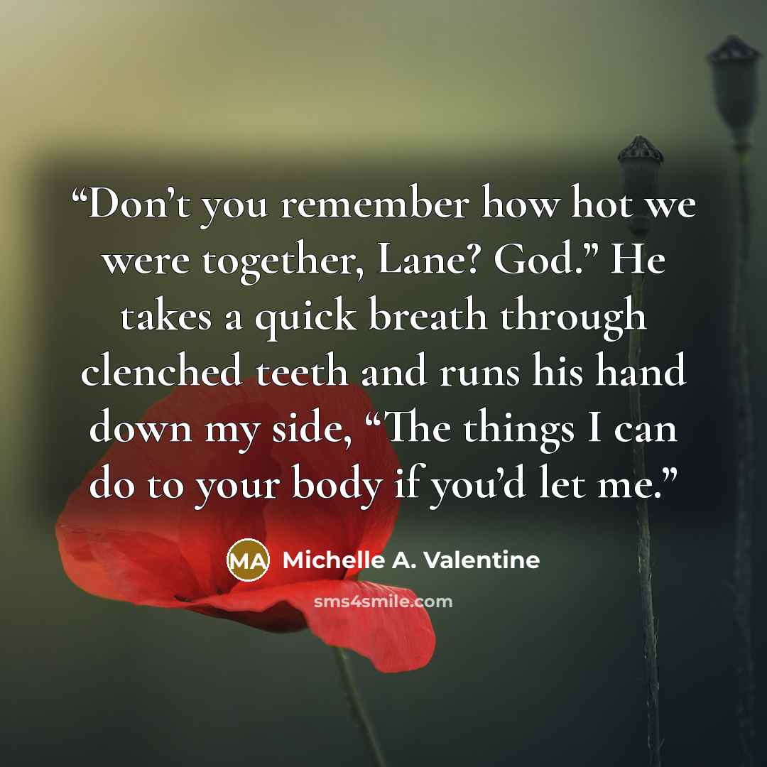 “Don’t you remember how hot we were together, Lane? God.” He takes a quick breath through clenched teeth and runs his hand down my side, “The things I can do to your body if you’d let me.” quote by Michelle A. Valentine