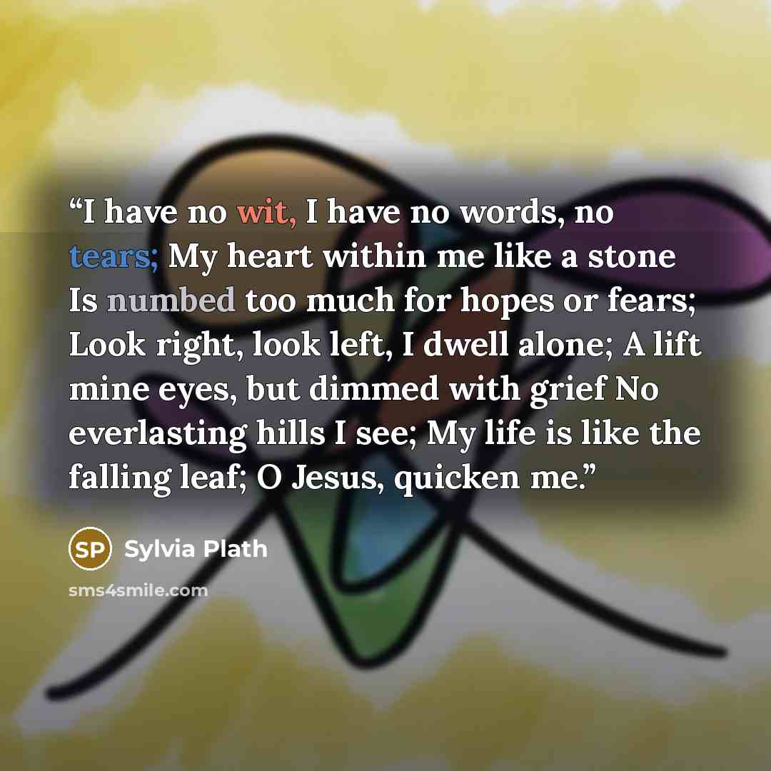 “I have no wit, I have no words, no tears; My heart within me like a stone Is numbed too much for hopes or fears; Look right, look left, I dwell alone; A lift mine eyes, but dimmed with grief No everlasting hills I see; My life is like the falling leaf; O Jesus, quicken me.” quote by Sylvia Plath