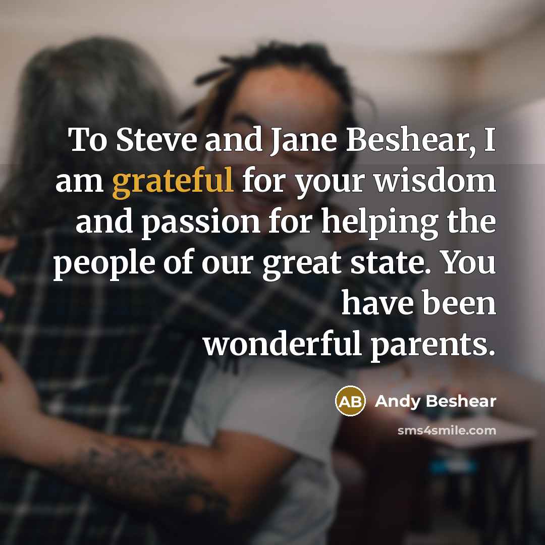 “To Steve and Jane Beshear, I am grateful for your…” quote by Andy Beshear