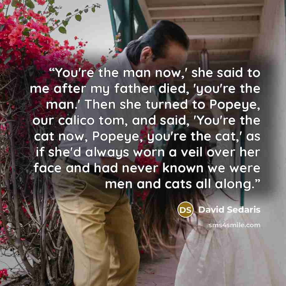 “You're the man now,' she said to me after my father died, 'you're the man.' Then she turned to Popeye, our calico tom, and said, 'You're the cat now, Popeye, you're the cat,' as if she'd always worn a veil over her face and had never known we were men and cats all along.” quote by David Sedaris