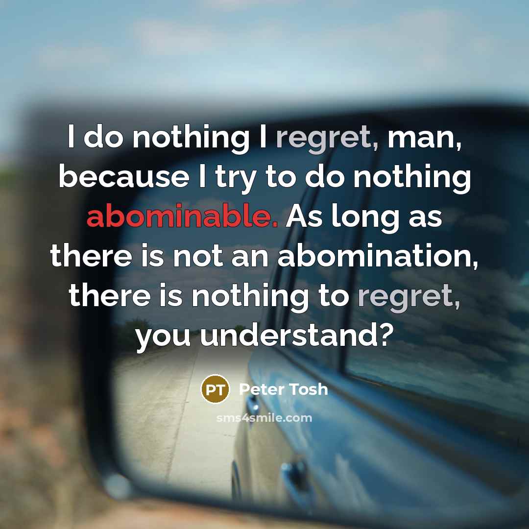 “I do nothing I regret, man, because I try to do nothing abominable. As long as there is not an abomination, there is nothing to regret, you understand?” quote by Peter Tosh