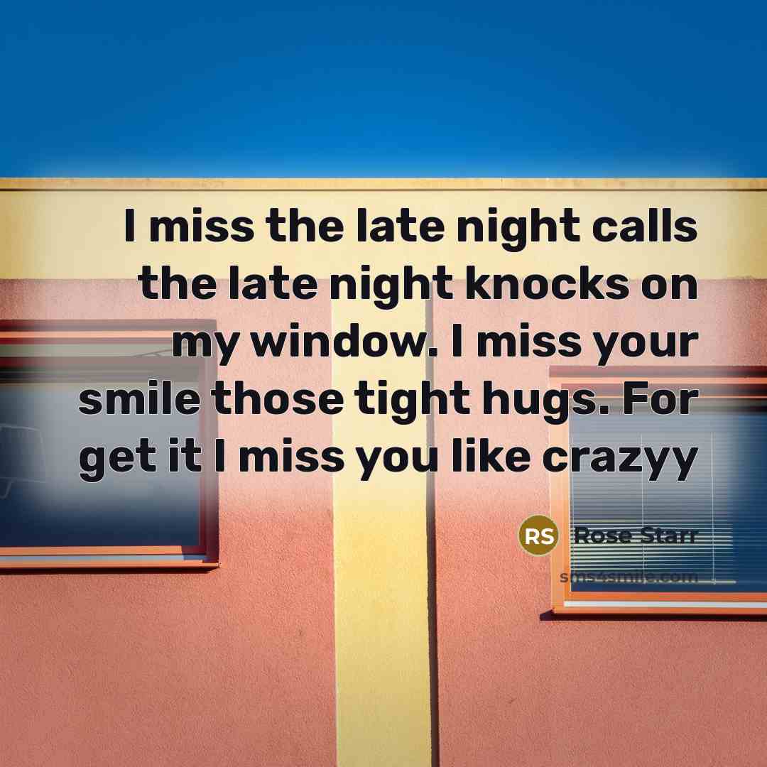 “I miss the late night calls the late night knocks on my window. I miss your smile those tight hugs. For get it I miss you like crazyy” quote by Rose Starr