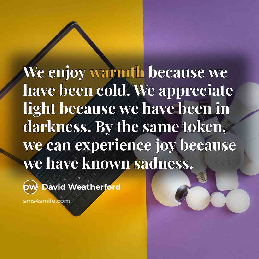 “We enjoy warmth because we have been cold. We appreciate light because we have been in darkness. By the same token, we can experience joy because we have known sadness.” quote by David Weatherford