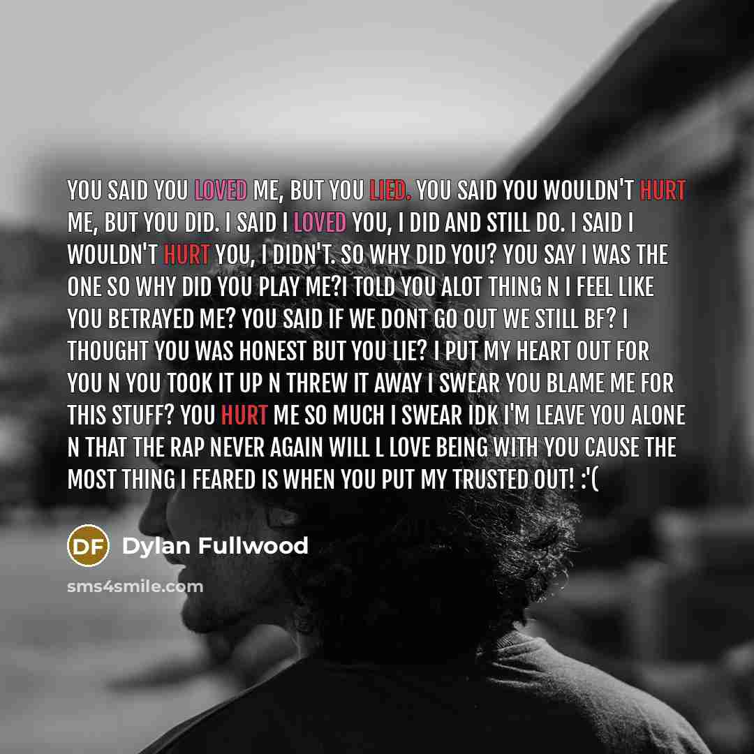 “You said you loved me, but you lied. You said you wouldn't hurt me, but you did. I said I loved you, I did and still do. I said I wouldn't hurt you, I didn't. So why did you? You say I was the one so why did you play me?I told you alot thing n I feel like you betrayed me? You said if we dont go…” quote by Dylan Fullwood
