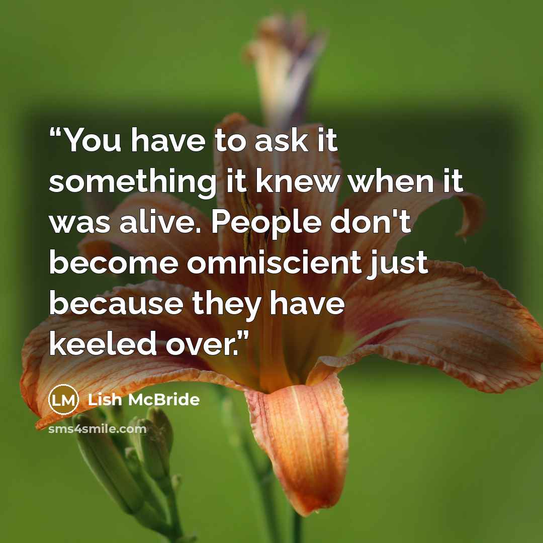 “You have to ask it something it knew when it was alive. People don't become omniscient just because they have keeled over.” quote by Lish McBride