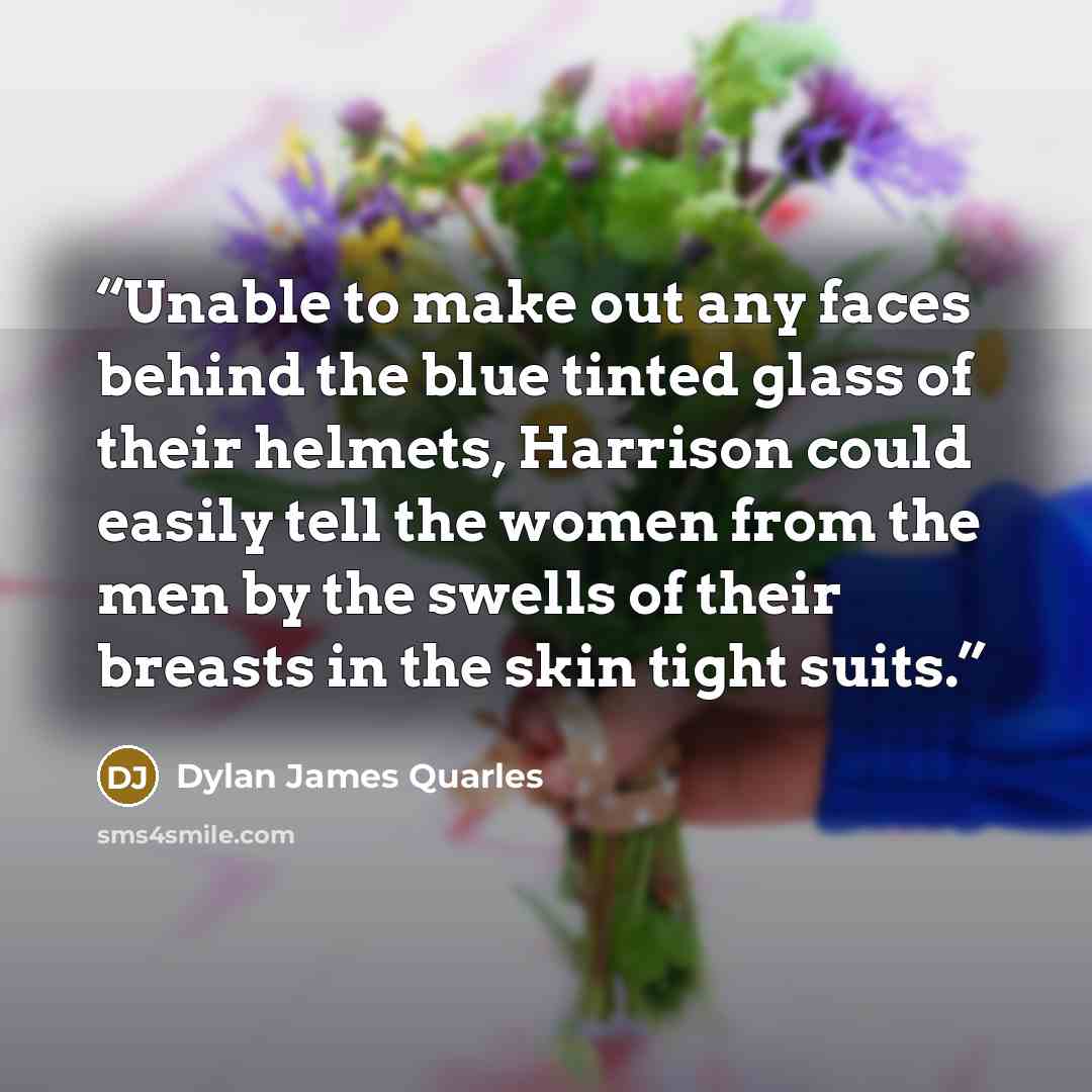 “Unable to make out any faces behind the blue tinted glass of their helmets, Harrison could easily tell the women from the men by the swells of their breasts in the skin tight suits.” quote by Dylan James Quarles