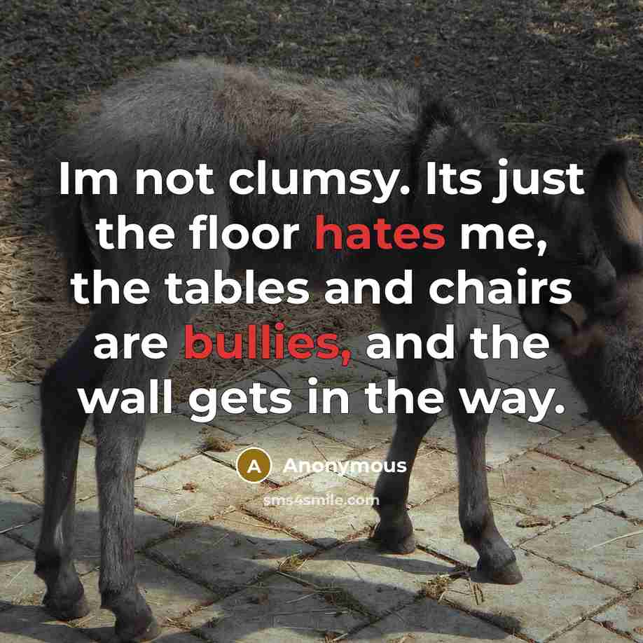 “Im not clumsy. Its just the floor hates me, the tables and chairs are bullies, and the wall gets in the way.” quote by Anonymous