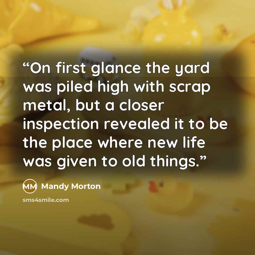 “On first glance the yard was piled high with scrap metal, but a closer inspection revealed it to be the place where new life was given to old things.” quote by Mandy Morton