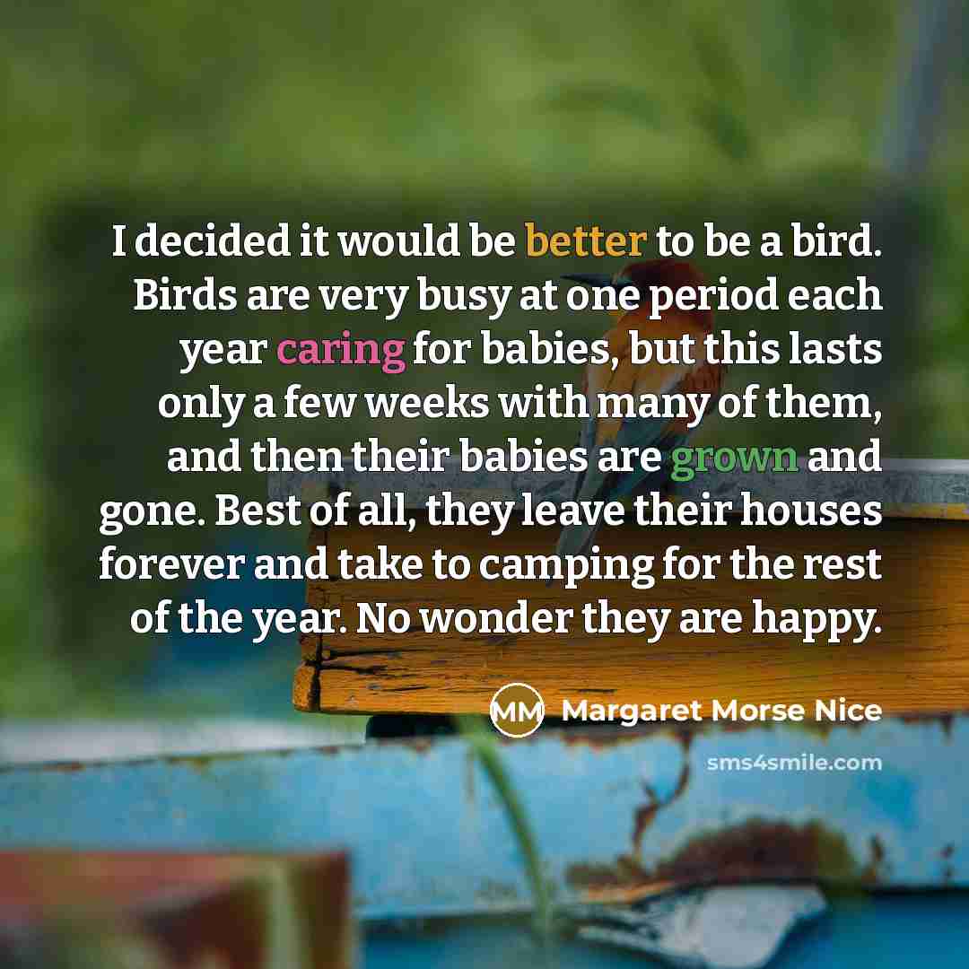 “I decided it would be better to be a bird. Birds are very busy at one period each year caring for babies, but this lasts only a few weeks with many of them, and then their babies are grown and gone. Best of all, they leave their houses forever and take to camping for the rest of the year. No…” quote by Margaret Morse Nice