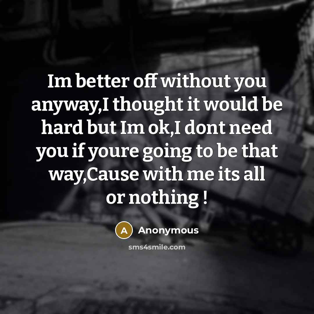 “Im better off without you anyway,I thought it would be hard but Im ok,I dont need you if youre going to be that way,Cause with me its all or nothing !” quote by Anonymous
