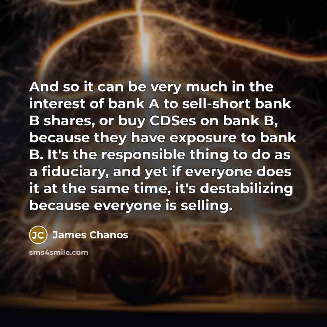 “And so it can be very much in the interest of bank A to sell-short bank B shares, or buy CDSes on bank B, because they have exposure to bank B. It's the responsible thing to do as a fiduciary, and yet if everyone does it at the same time, it's destabilizing because everyone is selling.” quote by James Chanos