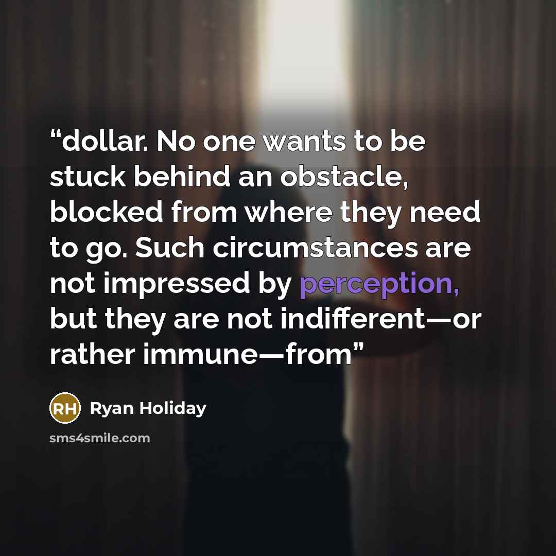 “dollar. No one wants to be stuck behind an obstacle, blocked from where they need to go. Such circumstances are not impressed by perception, but they are not indifferent—or rather immune—from” quote by Ryan Holiday