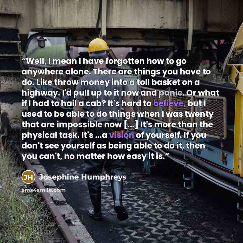 “Well, I mean I have forgotten how to go anywhere alone. There are things you have to do. Like throw money into a toll basket on a highway. I'd pull up to it now and panic. Or what if I had to hail a cab? It's hard to believe, but I used to be able to do things when I was twenty that are impossible…” quote by Josephine Humphreys