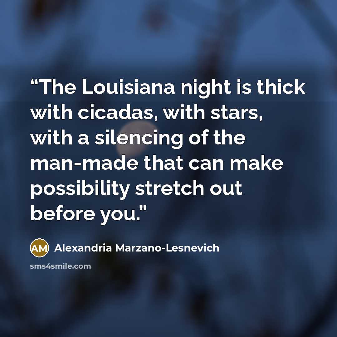 “The Louisiana night is thick with cicadas, with stars, with a silencing of the man-made that can make possibility stretch out before you.” quote by Alexandria Marzano-Lesnevich