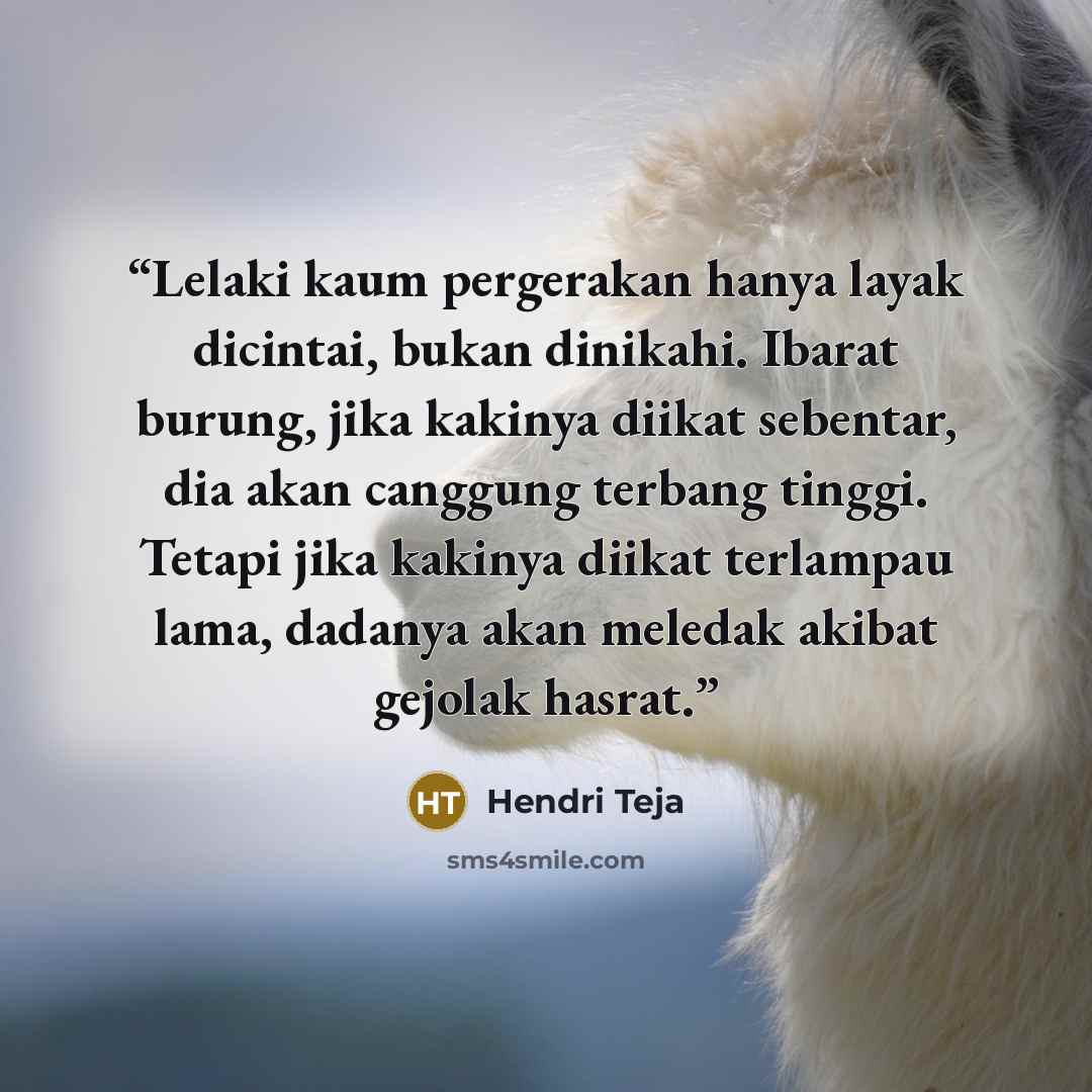 “Lelaki kaum pergerakan hanya layak dicintai, bukan dinikahi. Ibarat burung, jika kakinya diikat sebentar, dia akan canggung terbang tinggi. Tetapi jika kakinya diikat terlampau lama, dadanya akan meledak akibat gejolak hasrat.” quote by Hendri Teja