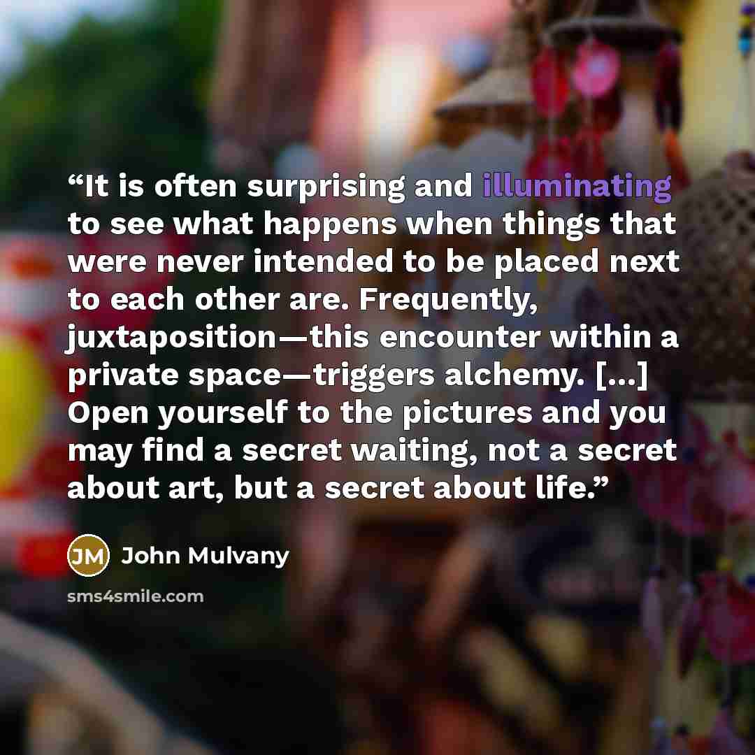 “It is often surprising and illuminating to see what happens when things that were never intended to be placed next to each other are. Frequently, juxtaposition—this encounter within a private space—triggers alchemy. […] Open yourself to the pictures and you may find a secret waiting, not a secret…” quote by John Mulvany