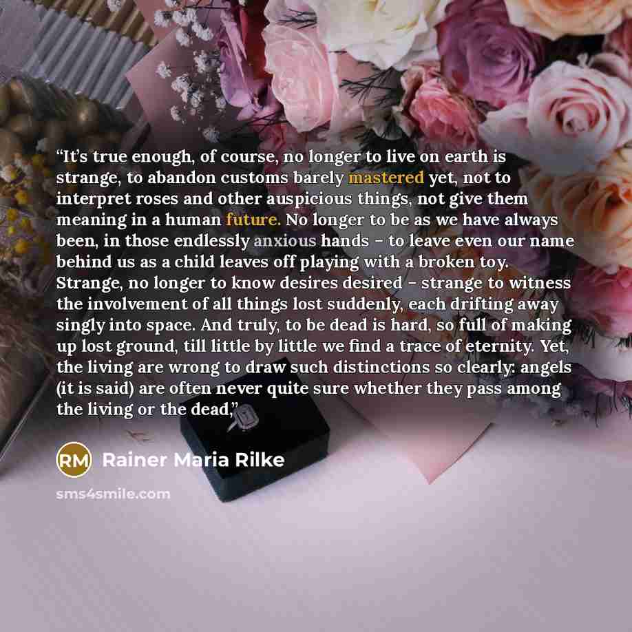 “It’s true enough, of course, no longer to live on earth is strange, to abandon customs barely mastered yet, not to interpret roses and other auspicious things, not give them meaning in a human future. No longer to be as we have always been, in those endlessly anxious hands – to leave even our name…” quote by Rainer Maria Rilke