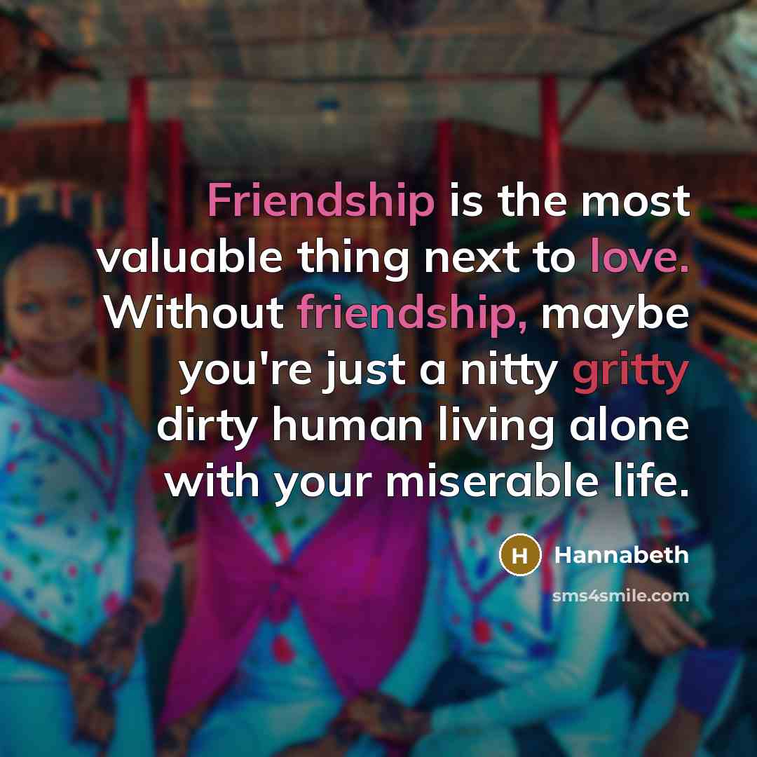 “Friendship is the most valuable thing next to love. Without friendship, maybe you're just a nitty gritty dirty human living alone with your miserable life.” quote by Hannabeth