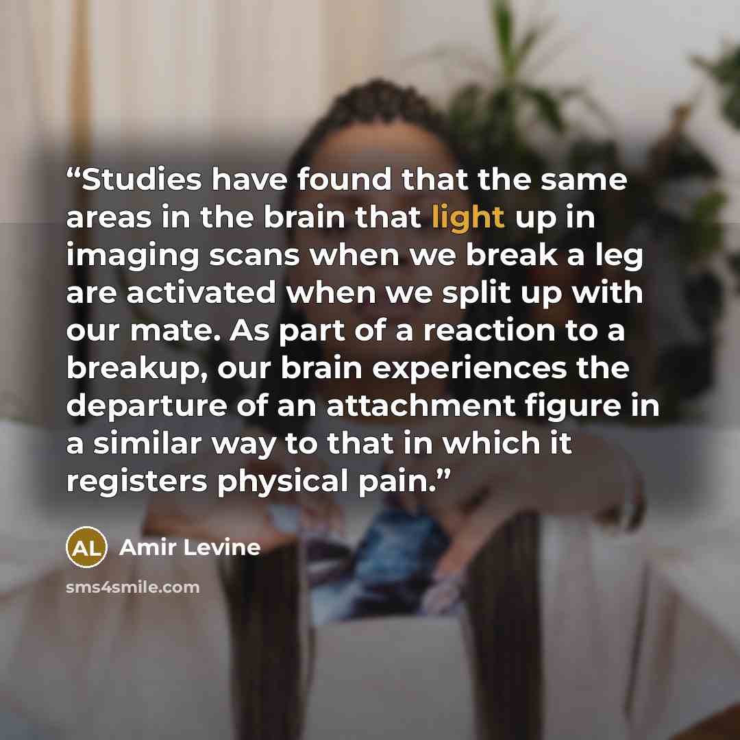 “Studies have found that the same areas in the brain that light up in imaging scans when we break a leg are activated when we split up with our mate. As part of a reaction to a breakup, our brain experiences the departure of an attachment figure in a similar way to that in which it registers…” quote by Amir Levine