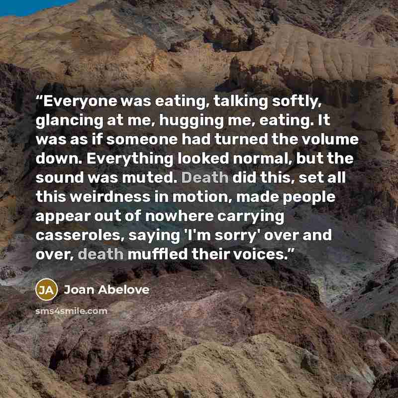 “Everyone was eating, talking softly, glancing at me, hugging me, eating. It was as if someone had turned the volume down. Everything looked normal, but the sound was muted. Death did this, set all this weirdness in motion, made people appear out of nowhere carrying casseroles, saying 'I'm sorry'…” quote by Joan Abelove