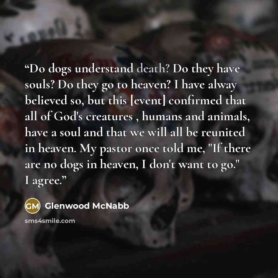 “Do dogs understand death? Do they have souls? Do they go to heaven? I have alway believed so, but this [event] confirmed that all of God's creatures , humans and animals, have a soul and that we will all be reunited in heaven. My pastor once told me, "If there are no dogs in heaven, I don't want…” quote by Glenwood McNabb