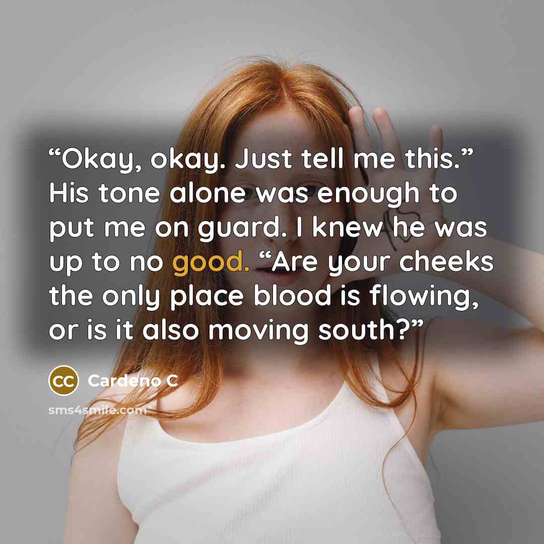 “Okay, okay. Just tell me this.” His tone alone was enough to put me on guard. I knew he was up to no good. “Are your cheeks the only place blood is flowing, or is it also moving south?” quote by Cardeno C