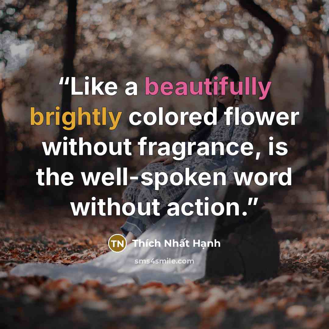 “Like a beautifully brightly colored flower without fragrance, is the well-spoken word without action.” quote by Thích Nhất Hạnh