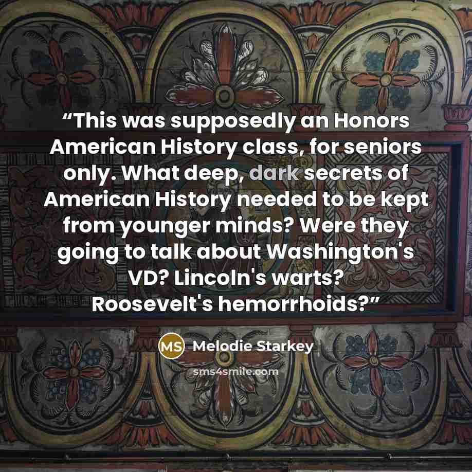 “This was supposedly an Honors American History class, for seniors only. What deep, dark secrets of American History needed to be kept from younger minds? Were they going to talk about Washington's VD? Lincoln's warts? Roosevelt's hemorrhoids?” quote by Melodie Starkey