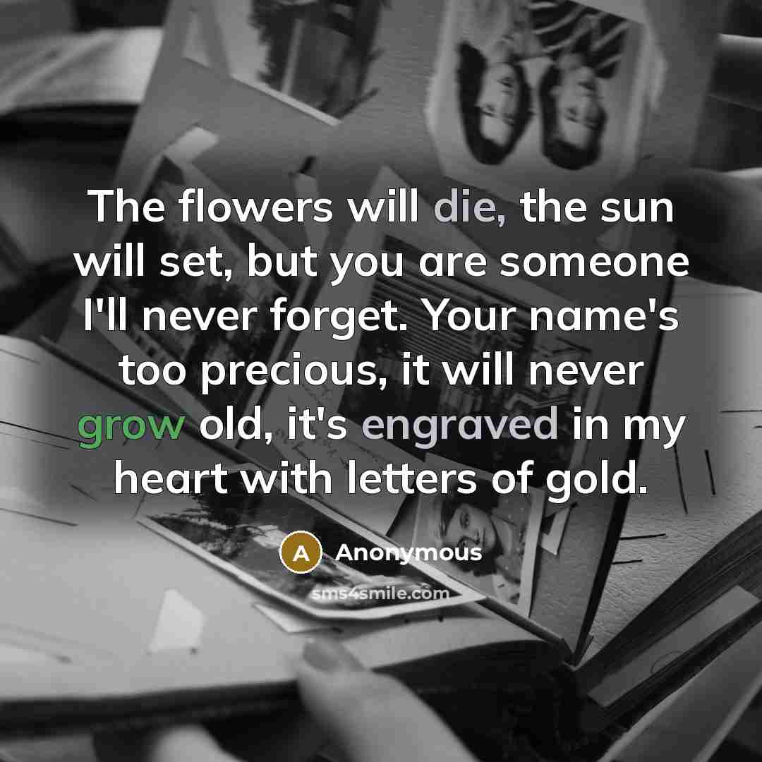 “The flowers will die, the sun will set, but you are someone I'll never forget. Your name's too precious, it will never grow old, it's engraved in my heart with letters of gold.” quote by Anonymous