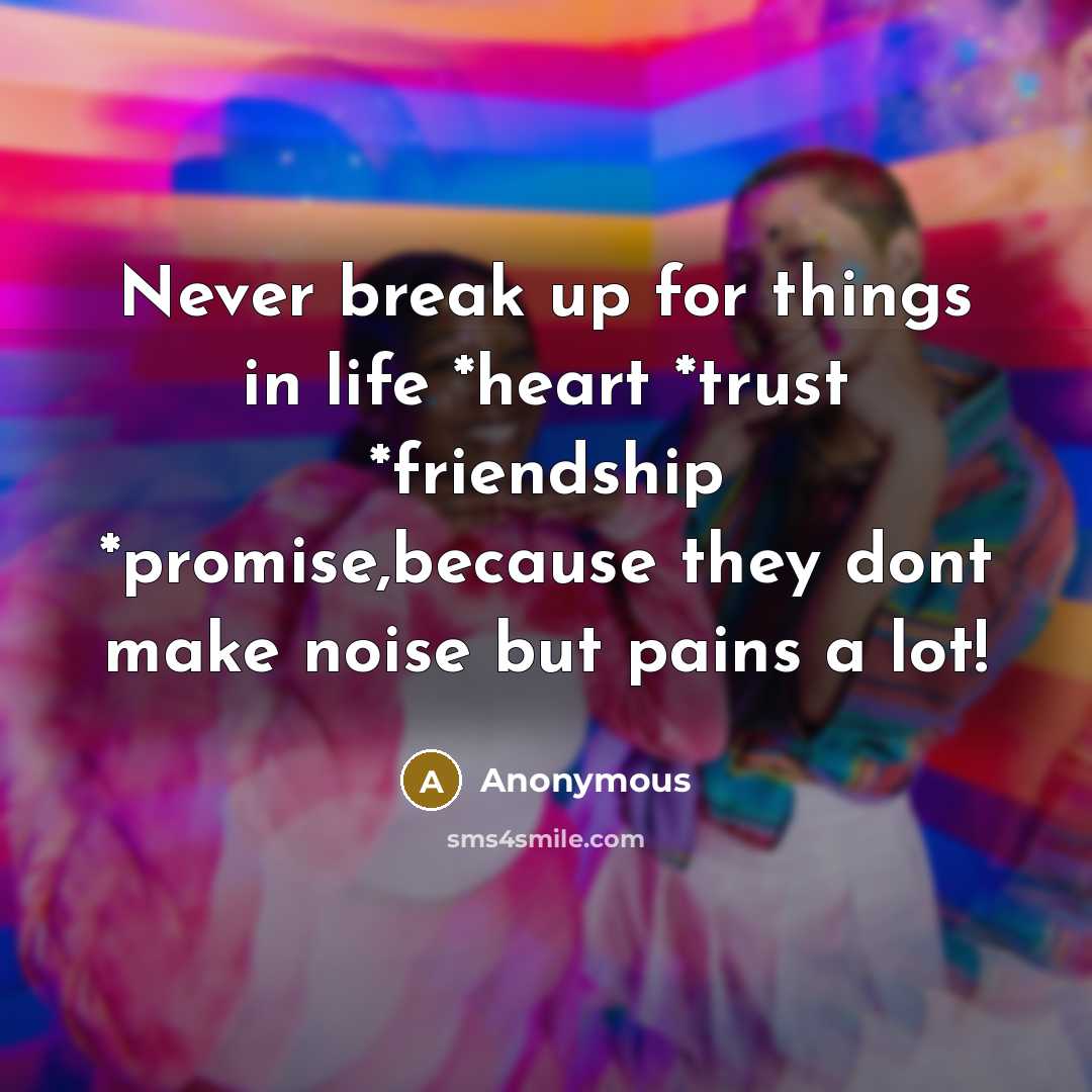 “Never break up for things in life *heart *trust *friendship *promise,because they dont make noise but pains a lot!” quote by Anonymous