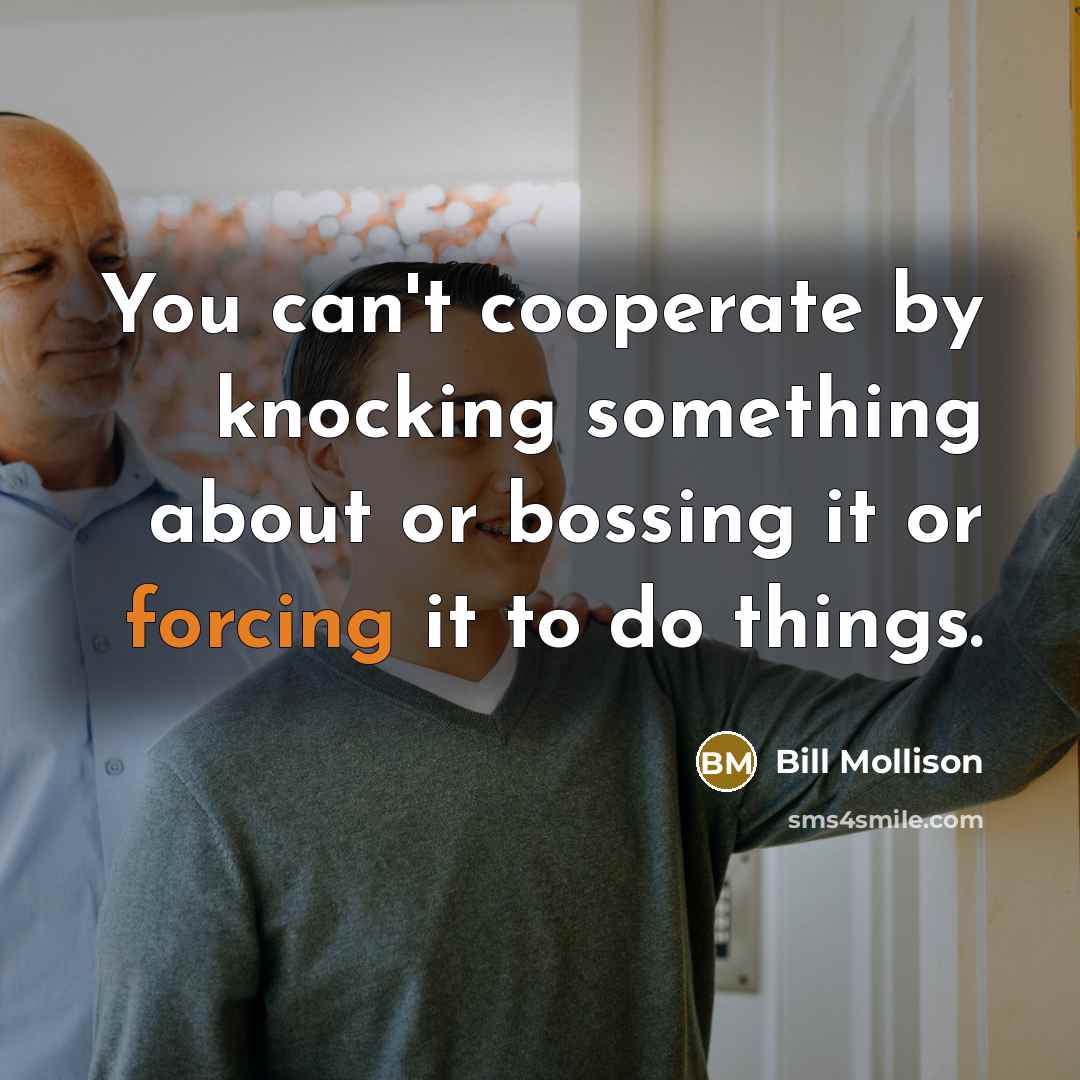 “You can't cooperate by knocking something about or bossing it or forcing it to do things.” quote by Bill Mollison