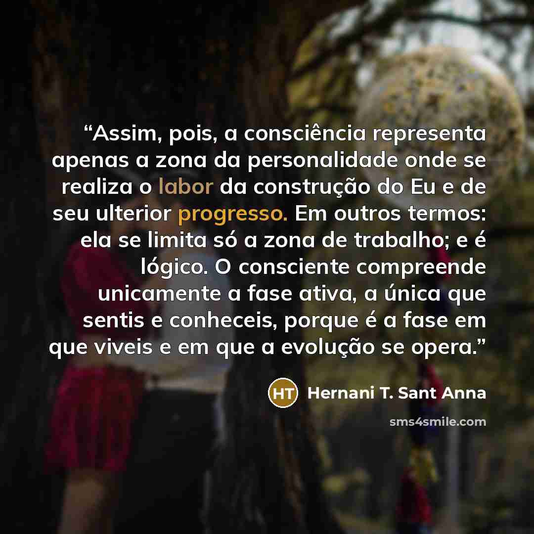 “Assim, pois, a consciência representa apenas a zona da personalidade onde se realiza o labor da construção do Eu e de seu ulterior progresso. Em outros termos: ela se limita só a zona de trabalho; e é lógico. O consciente compreende unicamente a fase ativa, a única que sentis e conheceis, porque é…” quote by Hernani T. Sant Anna