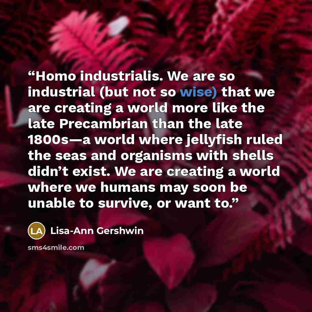 “Homo industrialis. We are so industrial (but not so wise) that we are creating a world more like the late Precambrian than the late 1800s—a world where jellyfish ruled the seas and organisms with shells didn’t exist. We are creating a world where we humans may soon be unable to survive, or want to.” quote by Lisa-Ann Gershwin