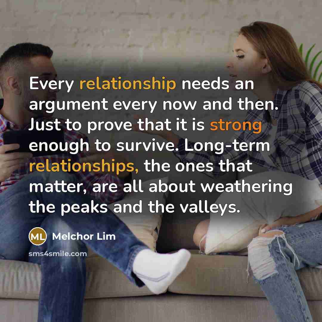 “Every relationship needs an argument every now and then. Just to prove that it is strong enough to survive. Long-term relationships, the ones that matter, are all about weathering the peaks and the valleys.” quote by Melchor Lim