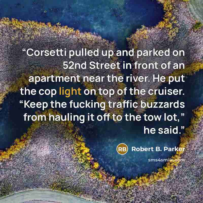 “Corsetti pulled up and parked on 52nd Street in front of an apartment near the river. He put the cop light on top of the cruiser. “Keep the fucking traffic buzzards from hauling it off to the tow lot,” he said.” quote by Robert B. Parker