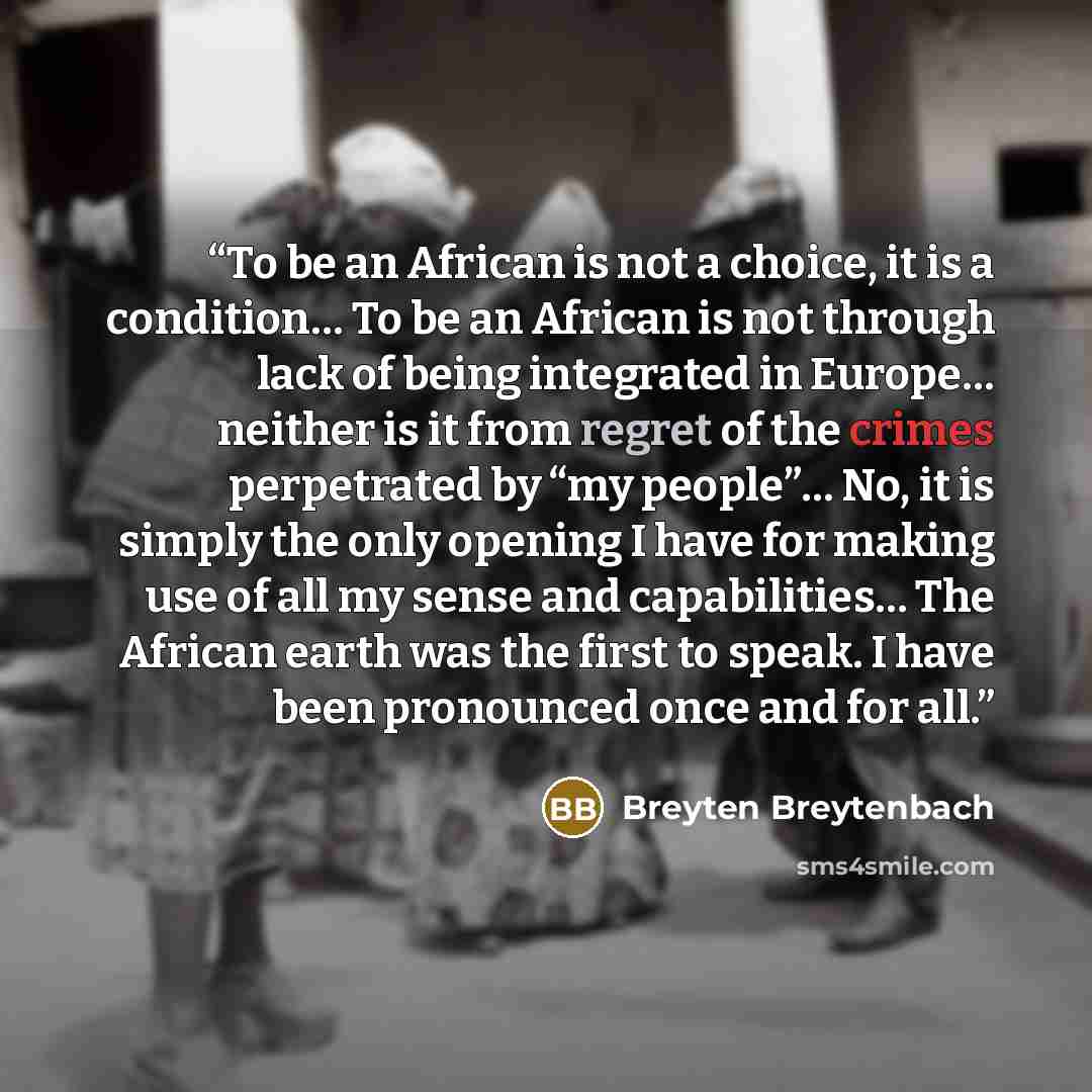 “To be an African is not a choice, it is a condition… To be an African is not through lack of being integrated in Europe… neither is it from regret of the crimes perpetrated by “my people”… No, it is simply the only opening I have for making use of all my sense and capabilities… The African earth…” quote by Breyten Breytenbach
