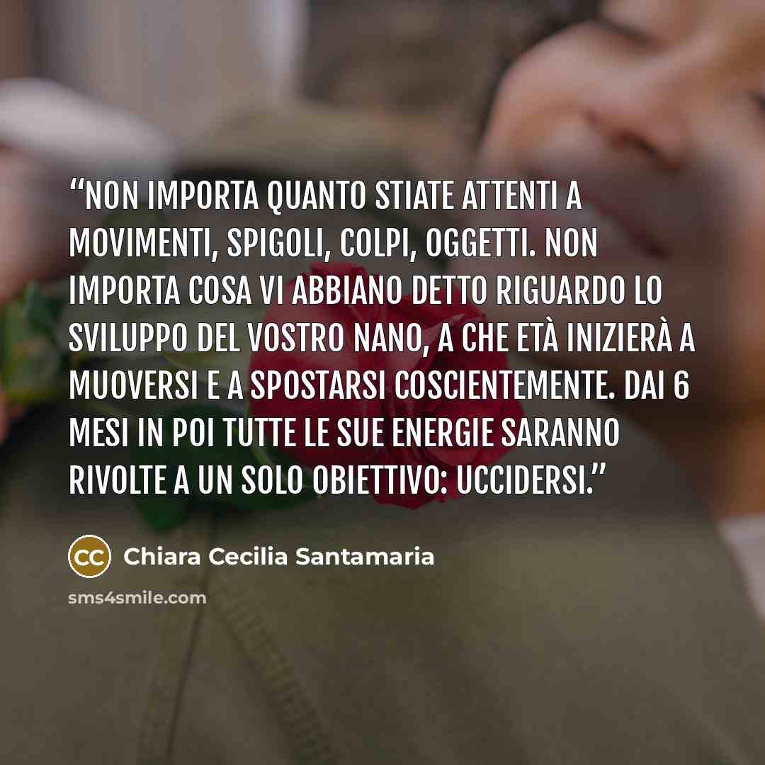 “Non importa quanto stiate attenti a movimenti, spigoli, colpi, oggetti. Non importa cosa vi abbiano detto riguardo lo sviluppo del vostro nano, a che età inizierà a muoversi e a spostarsi coscientemente. Dai 6 mesi in poi tutte le sue energie saranno rivolte a un solo obiettivo: uccidersi.” quote by Chiara Cecilia Santamaria