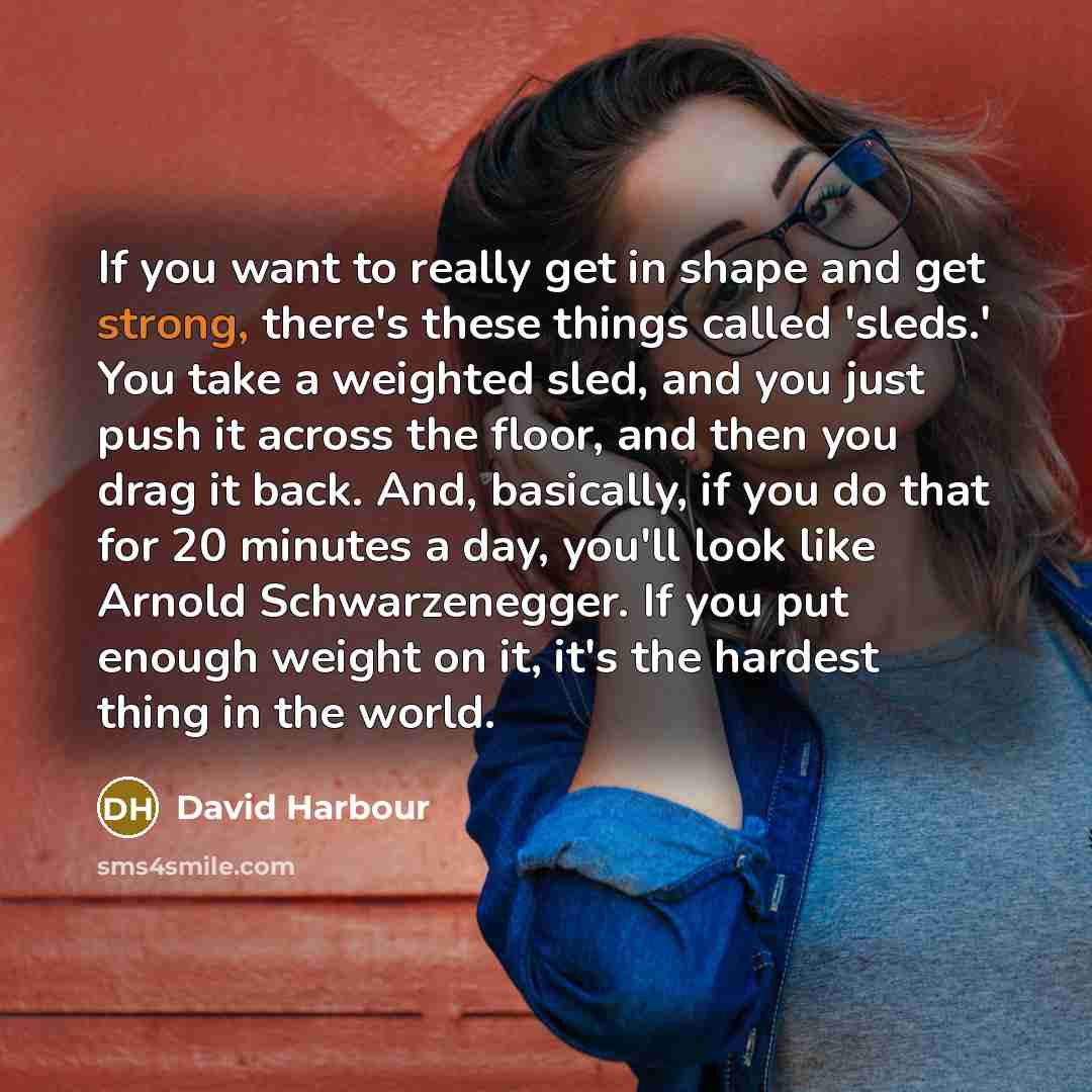 “If you want to really get in shape and get strong, there's these things called 'sleds.' You take a weighted sled, and you just push it across the floor, and then you drag it back. And, basically, if you do that for 20 minutes a day, you'll look like Arnold Schwarzenegger. If you put enough weight…” quote by David Harbour