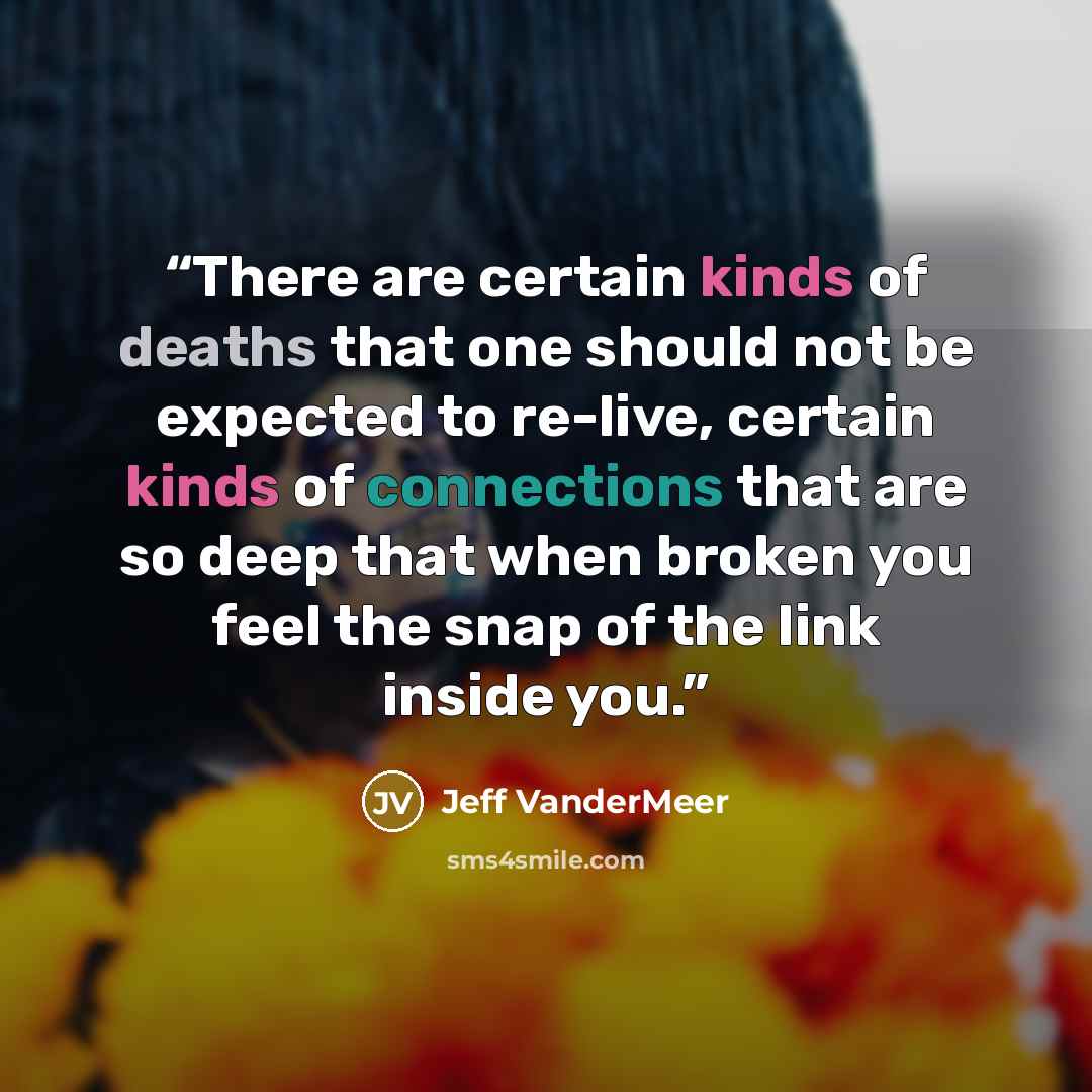 “There are certain kinds of deaths that one should not be expected to re-live, certain kinds of connections that are so deep that when broken you feel the snap of the link inside you.” quote by Jeff VanderMeer