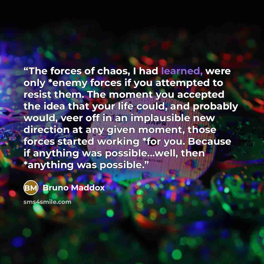 “The forces of chaos, I had learned, were only *enemy forces if you attempted to resist them. The moment you accepted the idea that your life could, and probably would, veer off in an implausible new direction at any given moment, those forces started working *for you. Because if anything was…” quote by Bruno Maddox