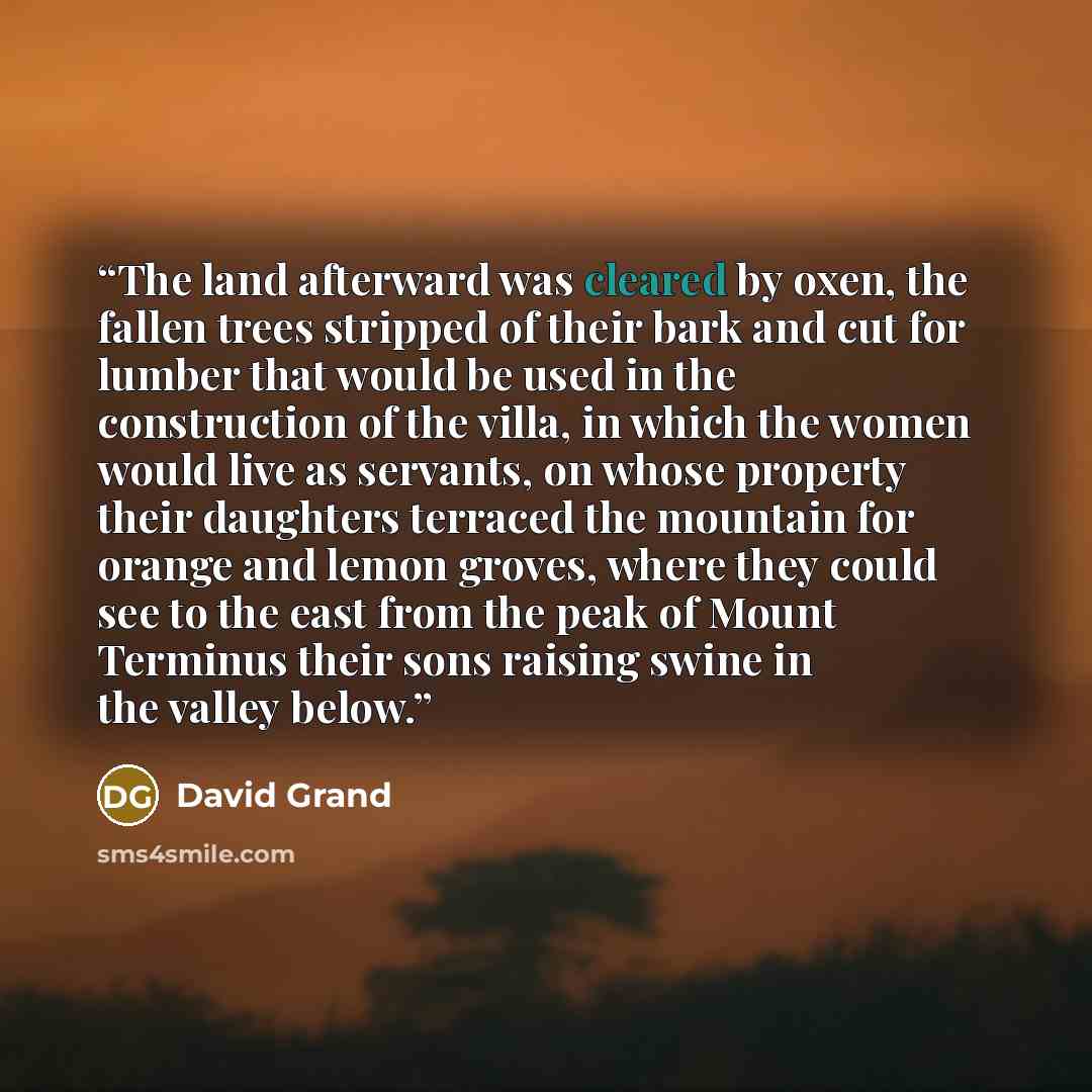 “The land afterward was cleared by oxen, the fallen trees stripped of their bark and cut for lumber that would be used in the construction of the villa, in which the women would live as servants, on whose property their daughters terraced the mountain for orange and lemon groves, where they could…” quote by David Grand