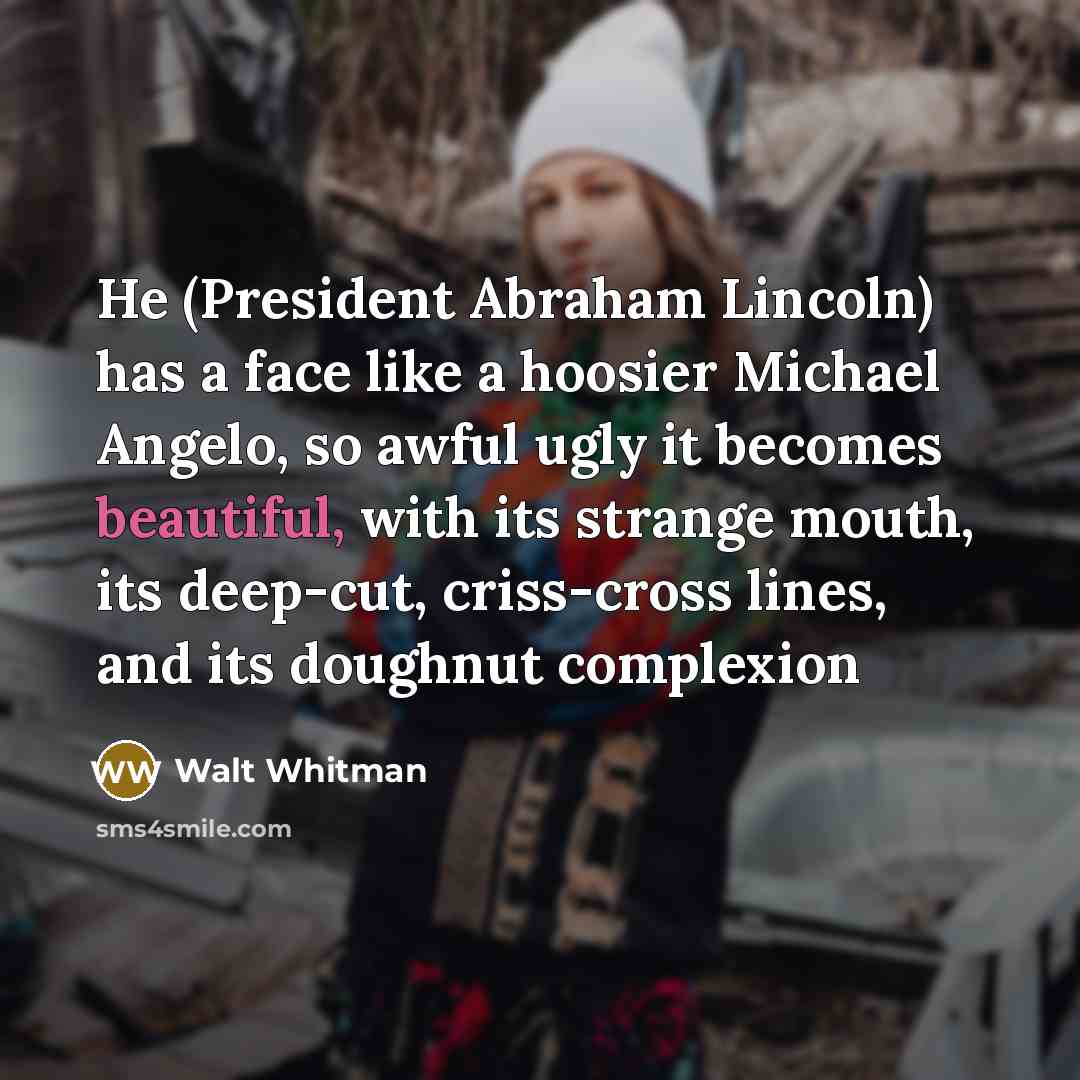 “He (President Abraham Lincoln) has a face like a hoosier Michael Angelo, so awful ugly it becomes beautiful, with its strange mouth, its deep-cut, criss-cross lines, and its doughnut complexion” quote by Walt Whitman