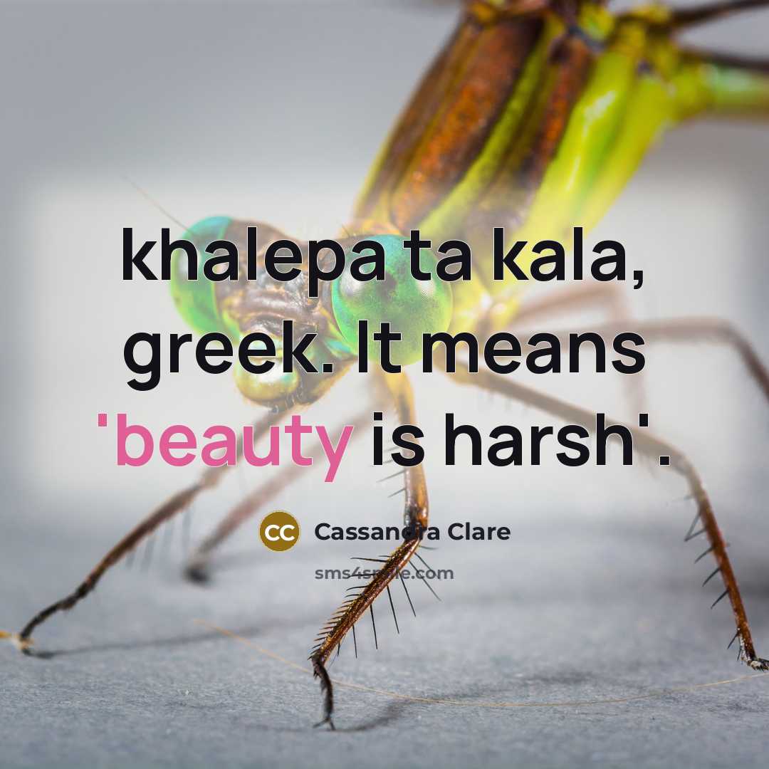 “khalepa ta kala, greek. It means 'beauty is harsh'.…” quote by Cassandra Clare