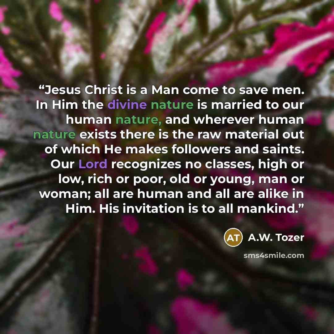 “Jesus Christ is a Man come to save men. In Him the divine nature is married to our human nature, and wherever human nature exists there is the raw material out of which He makes followers and saints. Our Lord recognizes no classes, high or low, rich or poor, old or young, man or woman; all are…” quote by A.W. Tozer