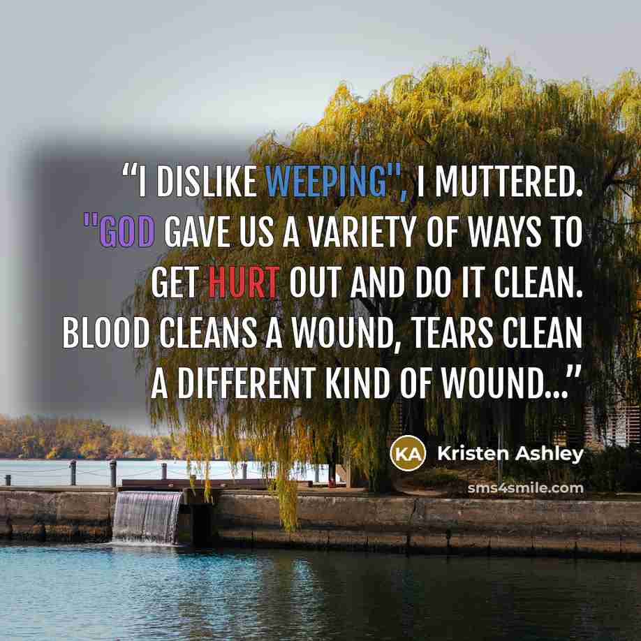 “I dislike weeping", I muttered. "God gave us a variety of ways to get hurt out and do it clean. Blood cleans a wound, tears clean a different kind of wound...” quote by Kristen Ashley
