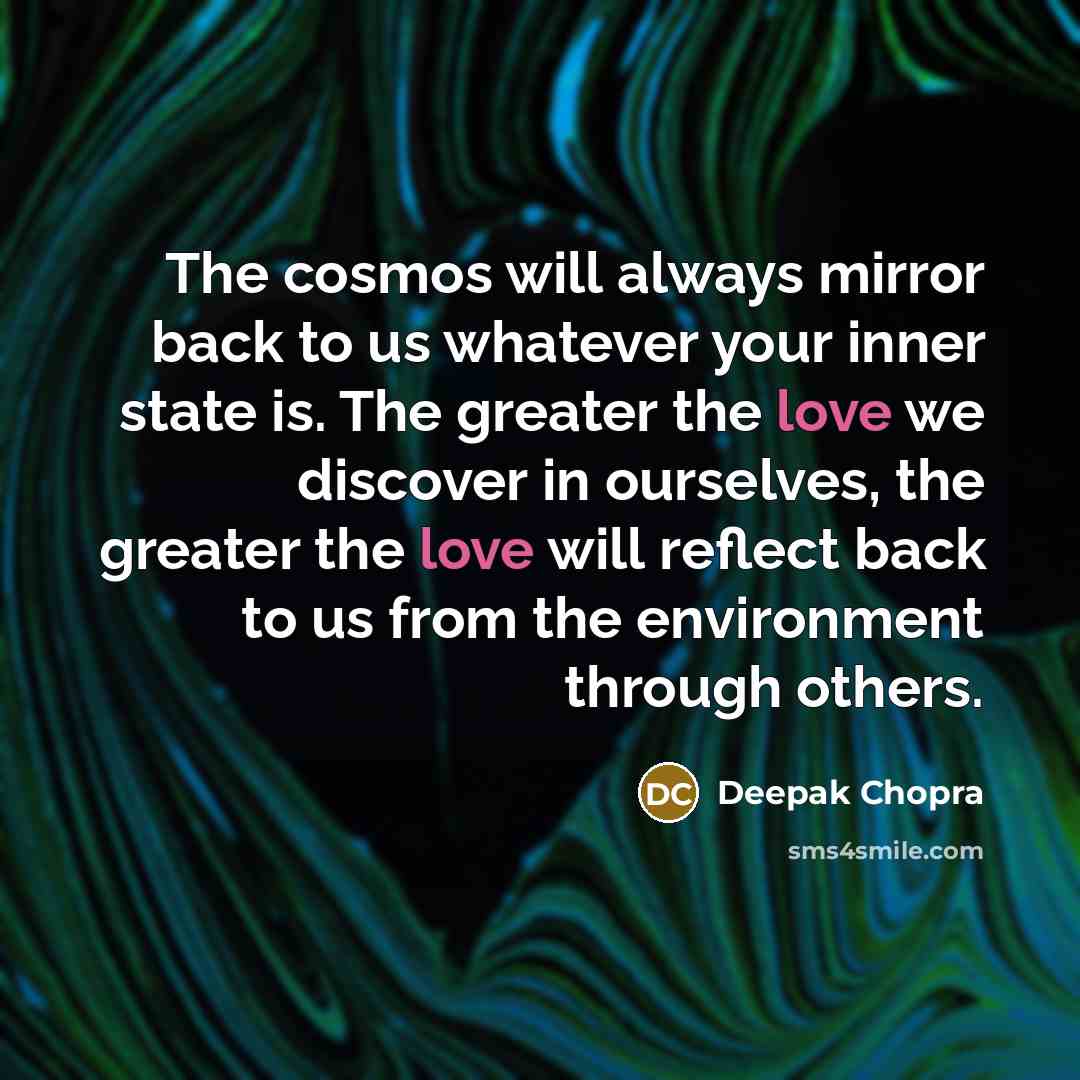 “The cosmos will always mirror back to us whatever your…” quote by Deepak Chopra