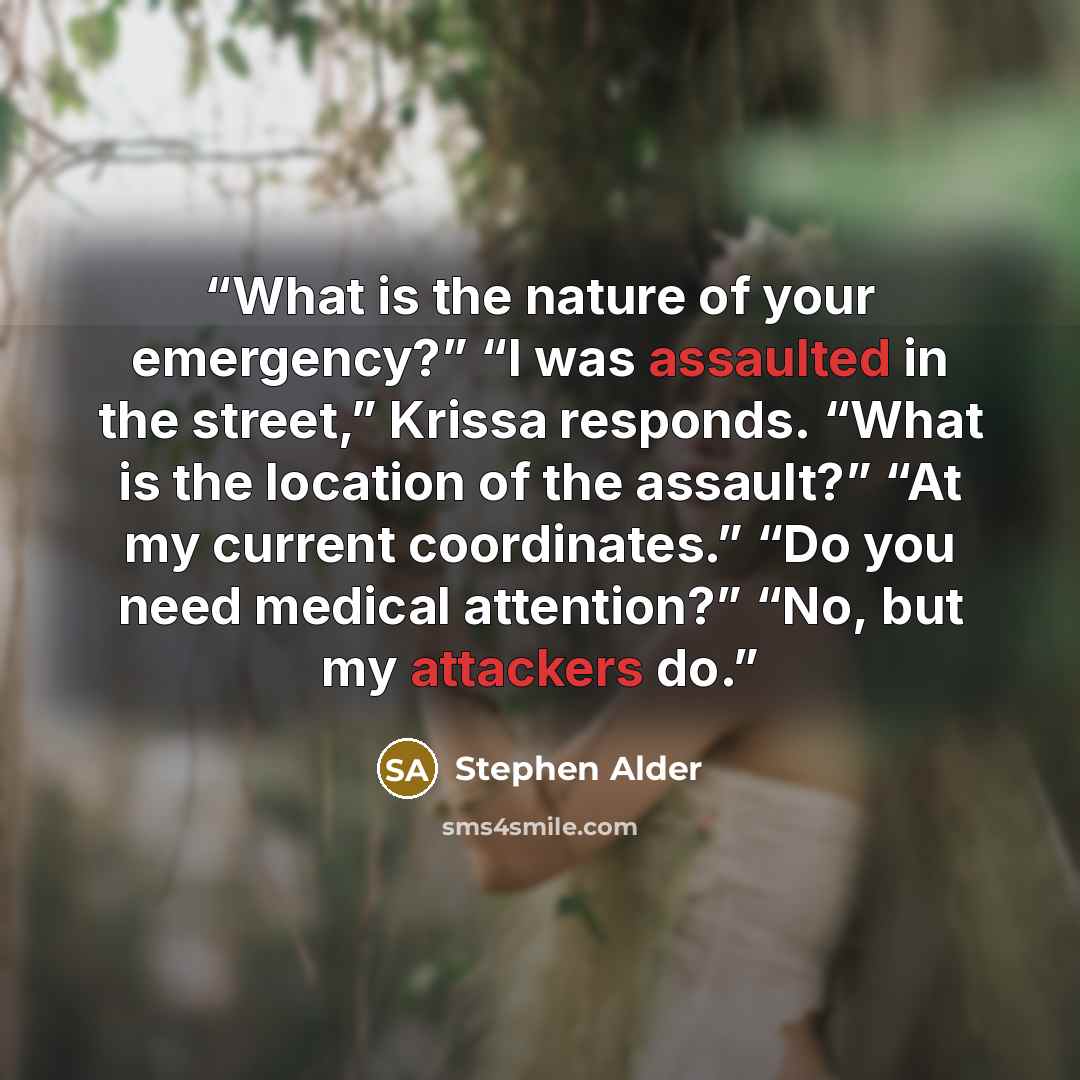 “What is the nature of your emergency?” “I was assaulted in the street,” Krissa responds. “What is the location of the assault?” “At my current coordinates.” “Do you need medical attention?” “No, but my attackers do.” quote by Stephen Alder