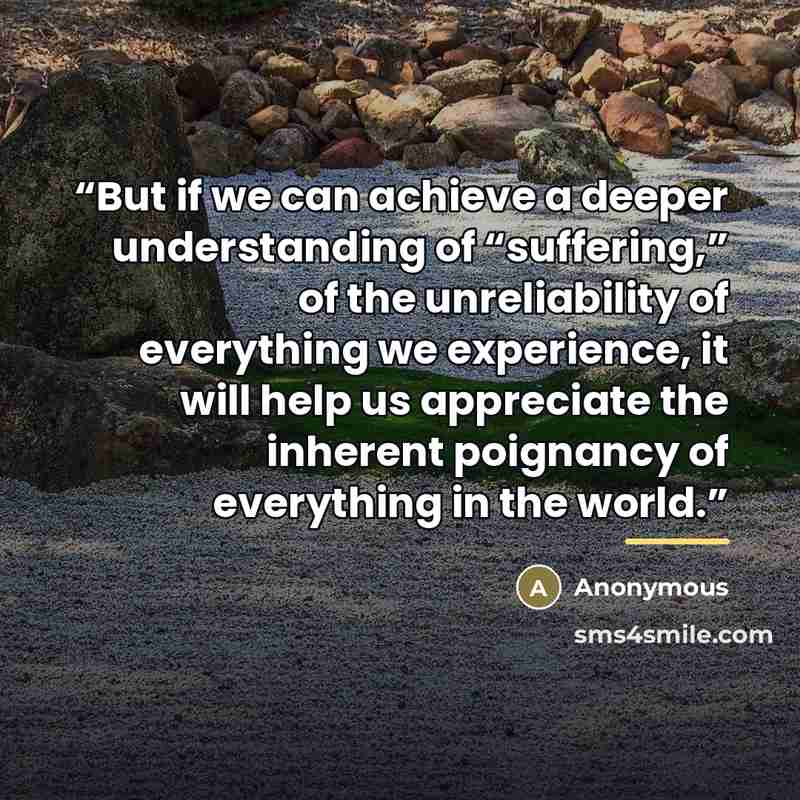 “But if we can achieve a deeper understanding of “suffering,” of the unreliability of everything we experience, it will help us appreciate the inherent poignancy of everything in the world.” quote by Anonymous